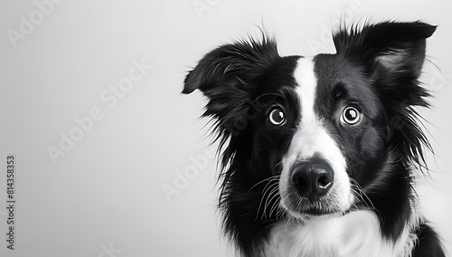 A black and white border collie with surprised eyes  against a white background