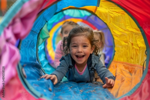 Close up of preschoolers crawling through a colorful play tunnel, their faces filled with excitement as they navigate the twisting paths