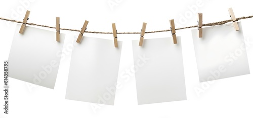4 white photo paper sheets hanging on a clothesline with wooden clothespins against a white background