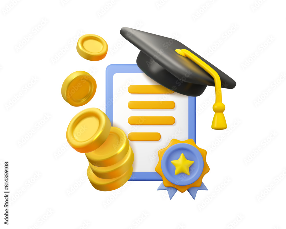 Education fee vector 3d icon. Tuition grant certificate illustration, isolated on white background. Diploma with mortarboard and golden coins, student loan concept Education fee vector 3d icon. Tuition grant certificate illustration, isolated on white background. Diploma with mortarboard and golden coins, student loan concept