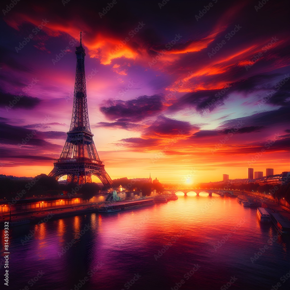 Naklejka premium The Eiffel Tower at sunset in Paris, France. Beautiful landscape.