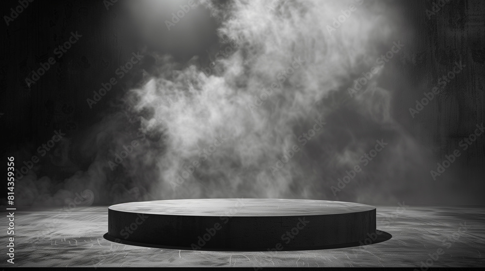 Podium black dark smoke background product platform abstract stage texture fog spotlight. Dark black floor podium dramatic empty night room table concrete wall scene place display studio smoky dust