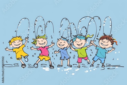 Cartoon cute doodles of kids cooling off on a hot day by running through a sprinkler, their squeals of delight echoing through the air, Generative AI photo