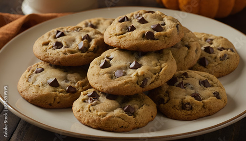 pumpkin chocolate chip cookies on a plate © Mason