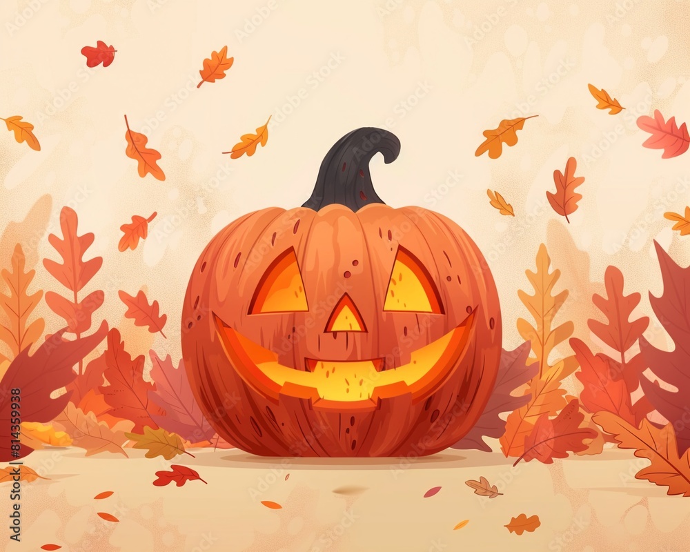 Carved pumpkin among autumn leaves flat design front view Halloween theme animation Tetradic color scheme Carved pumpkin among autumn leaves flat design front view Halloween theme animation Tetradic color scheme
