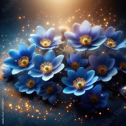 group of vibrant blue flowers with golden centers  set against a dark background  petals with a delicate and slightly translucent quality  light reflecting off them