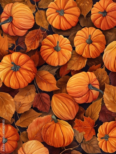 Pumpkin and leaf pile flat design top view Thanksgiving theme watercolor Monochromatic Color Scheme