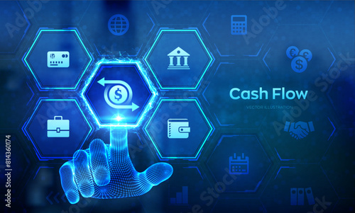 Cash flow Innovation technology business concept on virtual screen. Income growth, investment, wealth, financial management. Wireframe hand touching digital interface. Vector illustration.