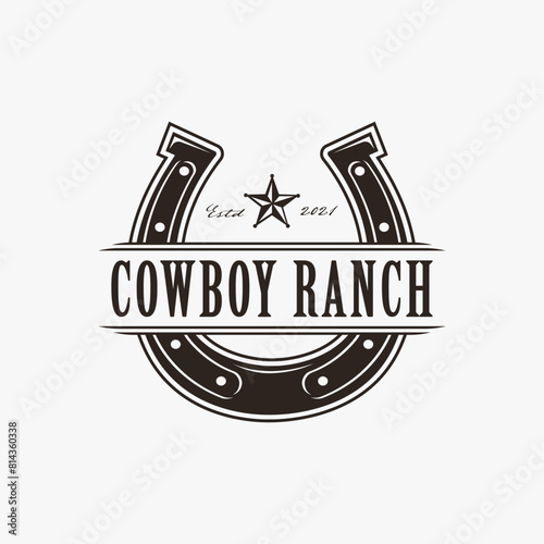 Vintage western stamp label horseshoe cowboy ranch logo vector on white background