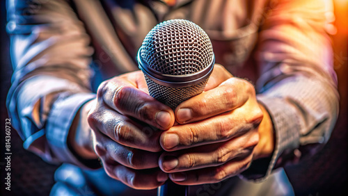 Close-up shot of hands clutching a microphone, emphasizing the artist's control