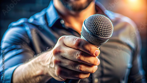 Close-up shot of man's hands gripping a microphone, capturing every detail photo