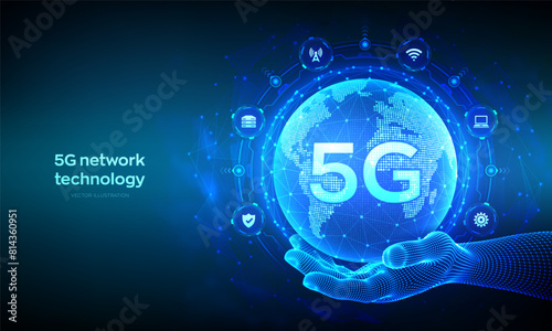 5G network wireless systems and internet of things technology concept. Smart city communication network. 5G wireless mobile internet wifi connection. Earth planet globe in hand. Vector Illustration.