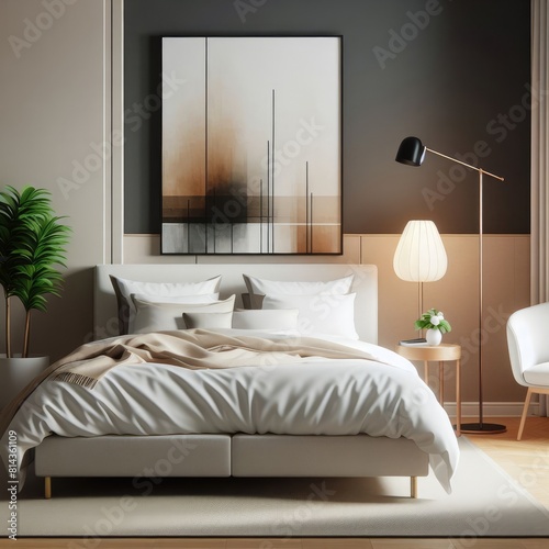 Bedroom sets have template mockup poster empty white with Bedroom interior and a lamp standard image art photo lively. photo