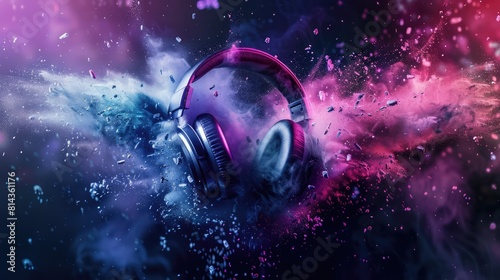 Stereo headphones exploding in festive colorful splash, dust and smoke with vibrant light effects on loud music sound, pulse, bass and beats, ready for party, 8k