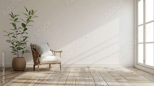 White wall mockup in a modern living room interior with a wooden floor and armchair, a minimalist design of home decor
