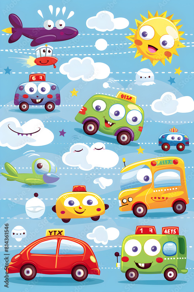 Cute Group of Cartoonish Vehicles Engaging Toddlers in a World of Adventure and Learning