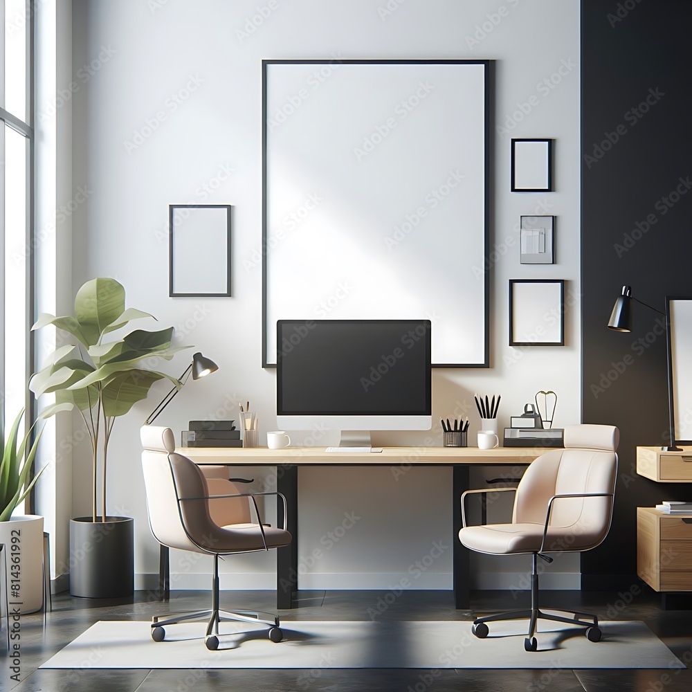 A computer on a desk office work room in a office room with a plant and a picture frame image art realistic has illustrative meaning. A computer on a desk office work room in a office room with a plant and a picture frame image art realistic has illustrative meaning.