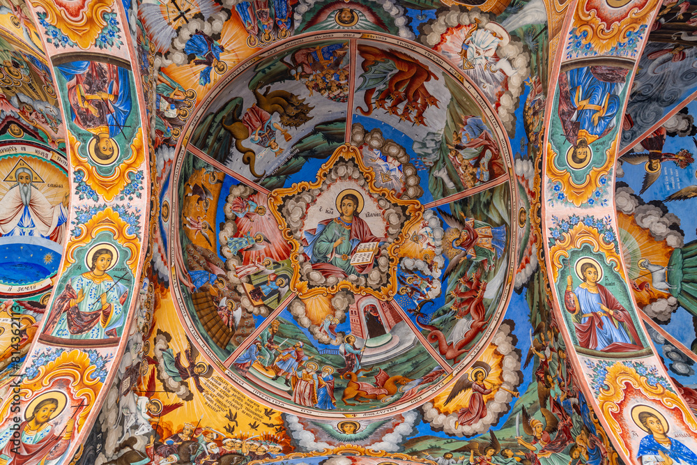 Wall painting of Rila Monastery, an Eastern Orthodox monastery in Rila Mountains, Bulgaria Wall painting of Rila Monastery, an Eastern Orthodox monastery in Rila Mountains, Bulgaria