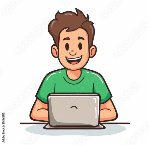 Happy Young Man Working on Laptop: Minimalist Vector Illustration