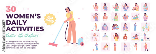Bundle collection of women's activities, working, relaxing, exercise, women daily lifestyle concept illustrations. Set of illustration of women activities and lifestyle. Vector flat illustration.