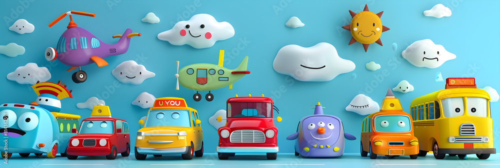 Cute Group of Cartoonish Vehicles Engaging Toddlers in a World of Adventure and Learning
