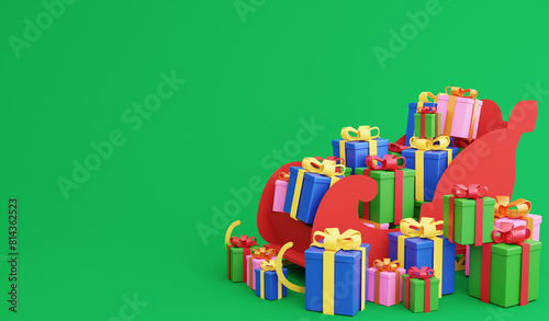 Several gift in Christmas sleigh, 3D render Christmas and New year concept and copy space on green background