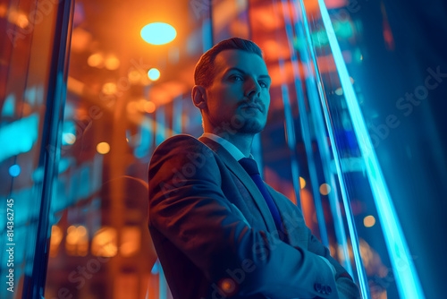 A businessman in a neon-lit urban setting, exuding confidence and contemplation under colorful lights © Rax Qiu