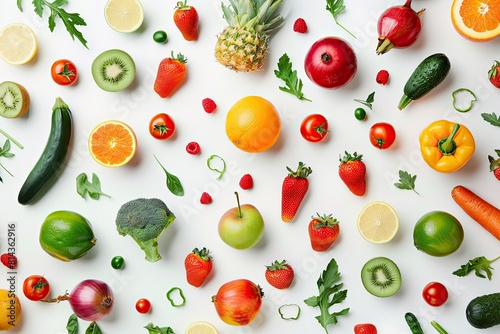 Healthy eating background of different fruits and vegetables on white backdrop. Healthy food background top view. High resolution product