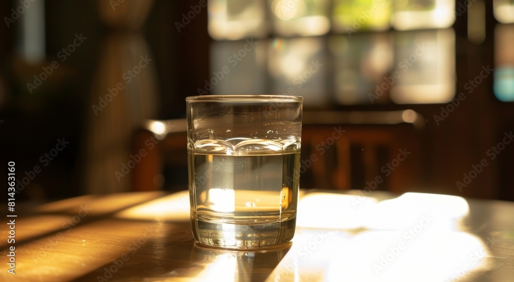 A glass of water sits on a table with sunlight shining through from outside and onto it. The background is blurred, featuring an indoor scene with wooden furniture. 