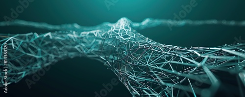 An elongated digital mesh of cyan and grey lines intertwined