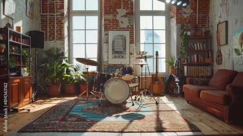 Establishing Shot: Music Rehearsal Studio in Loft Room with Drum Set in the Middle of It. Stylish Interior with Two Big Windows