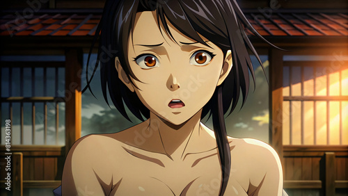 Anime naked woman talking with someone at home  photo