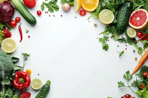 Healthy eating background of different fruits and vegetables on white backdrop. Healthy food background top view. High resolution product