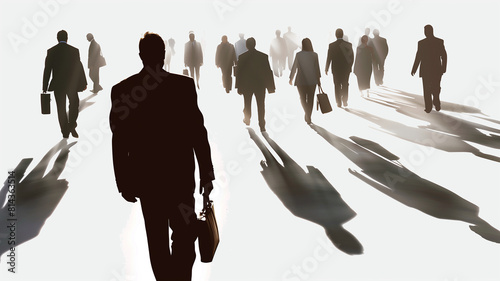 Silhouettes of businesspeople walking, white background