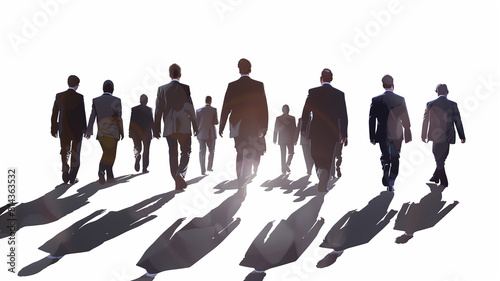 Silhouettes of businesspeople walking, white background