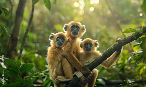 A group of golden langurs huddled together on a tree branch. Generate Ai photo
