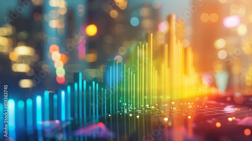  Colorful abstract representation of a sound wave against a blurred cityscape background.