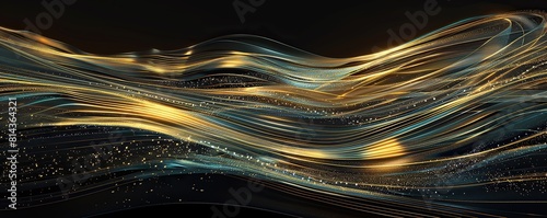 An elongated horizontal display featuring bright gold and soft blue lines cascading across a black canvas