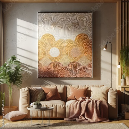 A living room with a template mockup poster empty white and with a couch and a painting on the wall image art harmony lively. photo