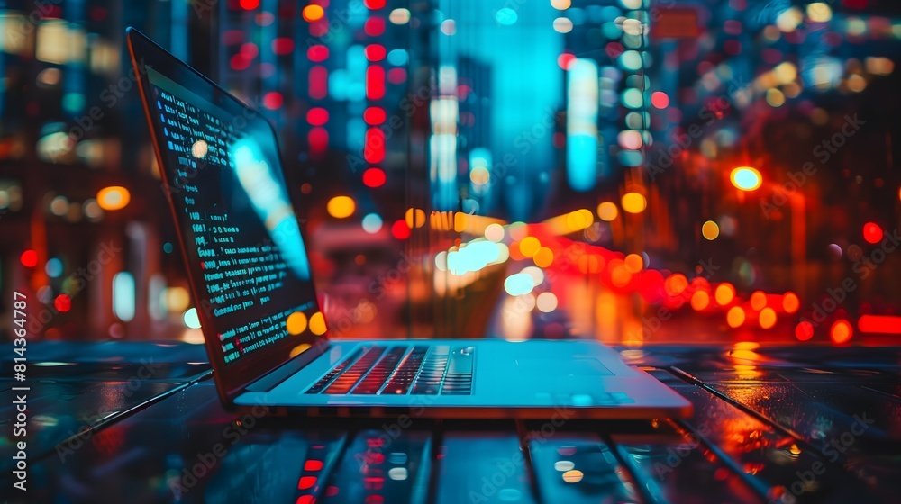 A laptop is open on a table with a city view in the background. The city lights and reflections on the table create a moody atmosphere A laptop is open on a table with a city view in the background. The city lights and reflections on the table create a moody atmosphere