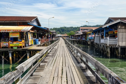 A traditional wooden pier extending into the harbor, lined with quaint shops, seafood restaurants, and souvenir stalls, Generative AI © ManusiaIkan