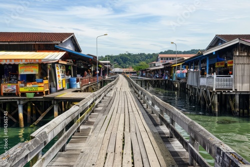 A traditional wooden pier extending into the harbor, lined with quaint shops, seafood restaurants, and souvenir stalls, Generative AI