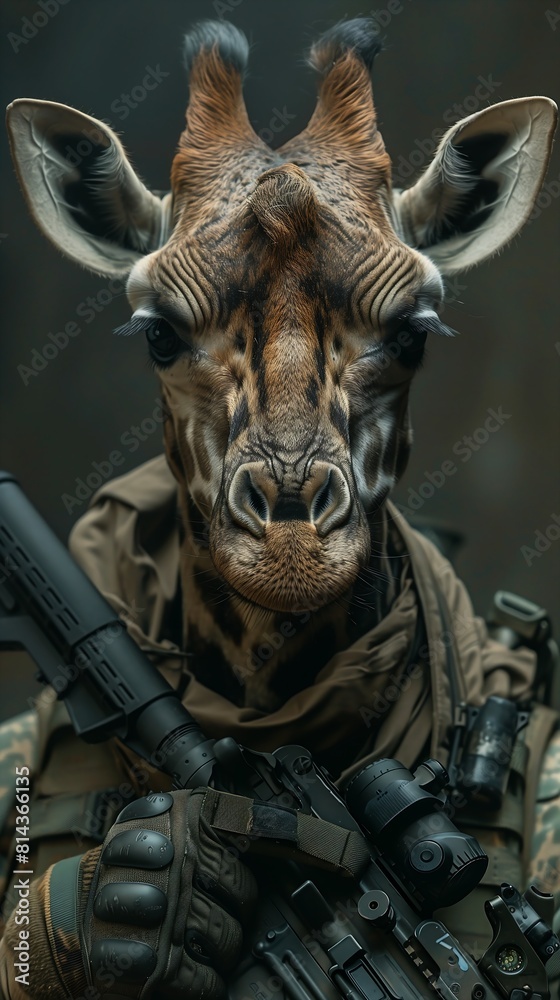 gun camouflage outfit standing front background face details giraffe army vertical eyes heroic fighter ultra high symmetry shopped urban patrol stunningly