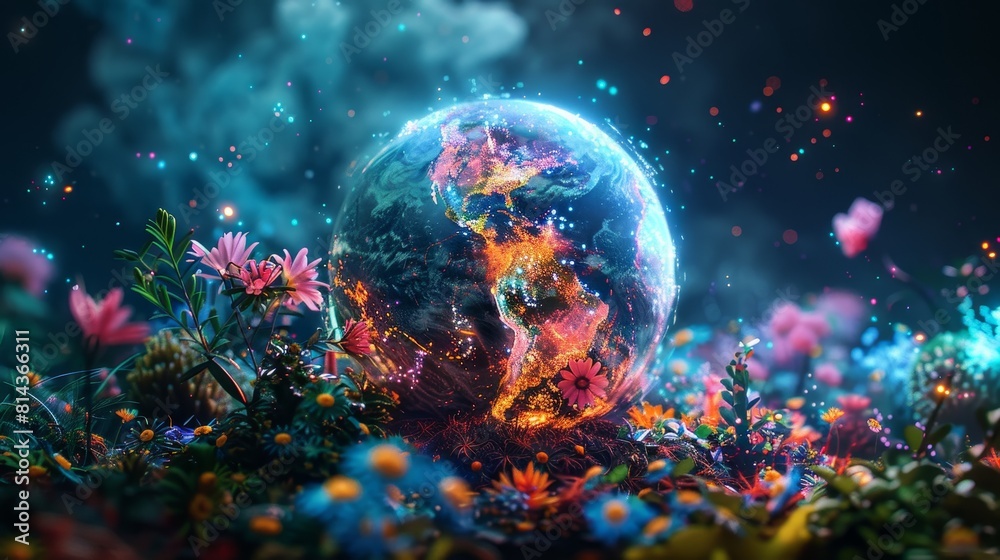 Colorful Earth Globe in Enchanted Forest with Luminous Flowers