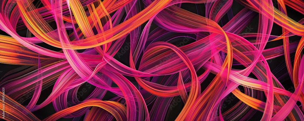 An expansive digital scene of intertwined magenta and orange plexus lines over a black canvas