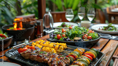 Gourmet Backyard Barbecue with Grilled Skewers and Fresh Salad on a Sunny Patio