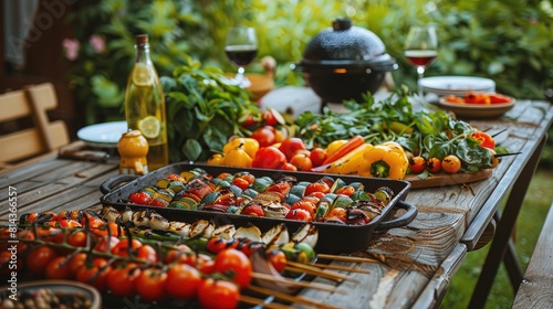 Colorful Outdoor Summer BBQ Gathering with Fresh Vegetables and Grilled Foods