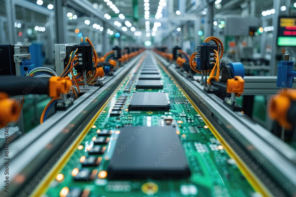 High-Tech Electronics Manufacturing with Robotic Arms and Circuit Boards Assembly Line