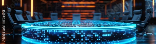 Crypto PR team at roundtable discussion, glowing digital table, futuristic,