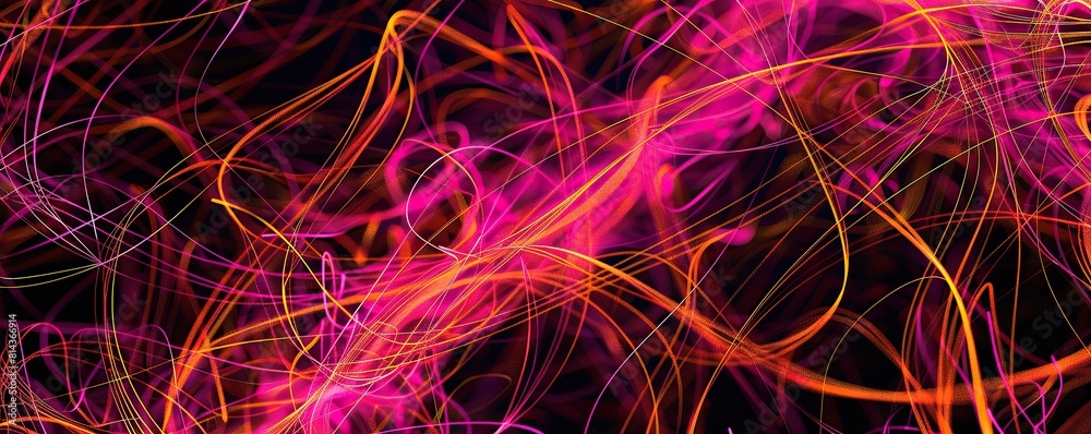 An expansive digital scene of intertwined magenta and orange plexus lines over a black canvas An expansive digital scene of intertwined magenta and orange plexus lines over a black canvas